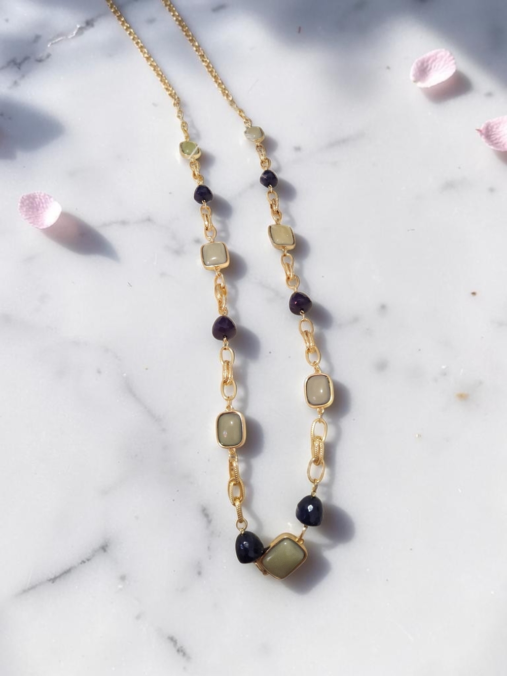 10 / $10 Chain Necklace with Olive Green and Dark Purple Gemstones